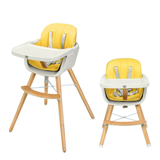 Wooden Baby 3 in 1 Convertible High chair w/ Cushion-Yellow