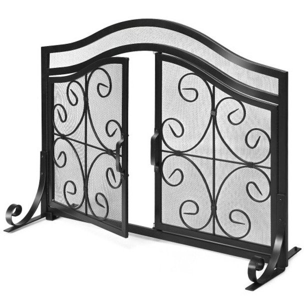 Fireplace Screen with Hinged Magnetic Two-doors Flat Guard