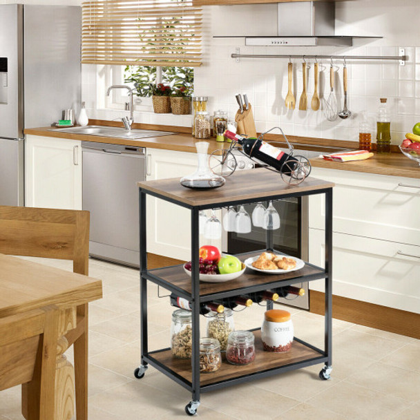 3-Tier Metal Frame Rolling Kitchen Island Trolley Cart-Natural