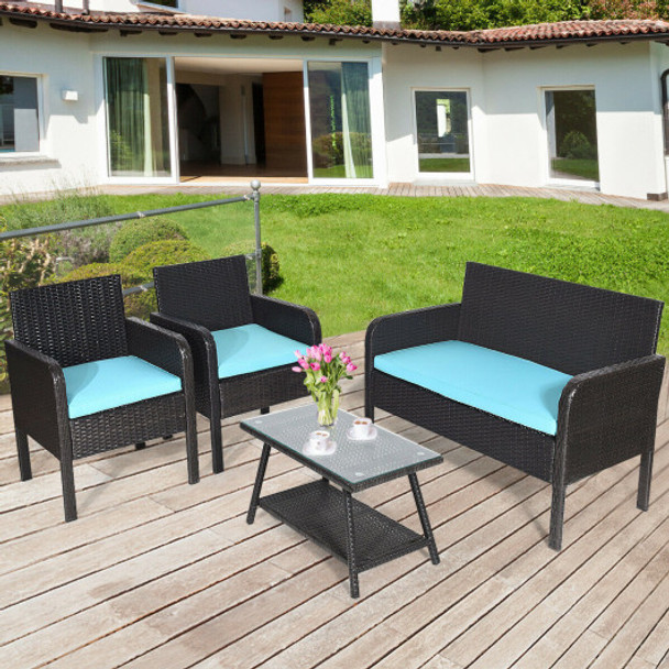 4 pcs Patio Rattan Wicker Table Chair Sofa Set with Cushion Seat