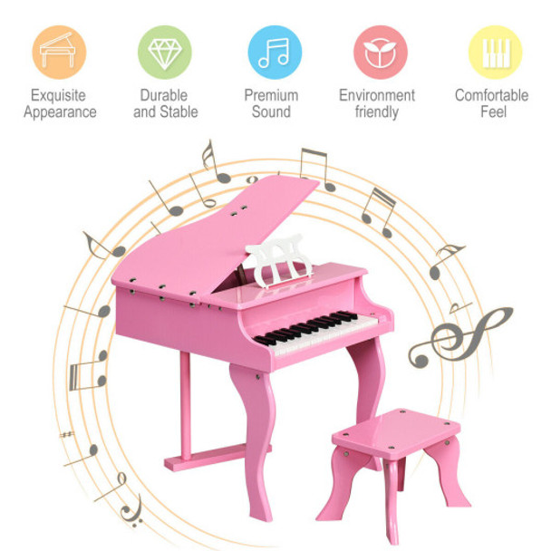 Classic 30 Key Baby Grand Wooden Piano with Bench-Pink