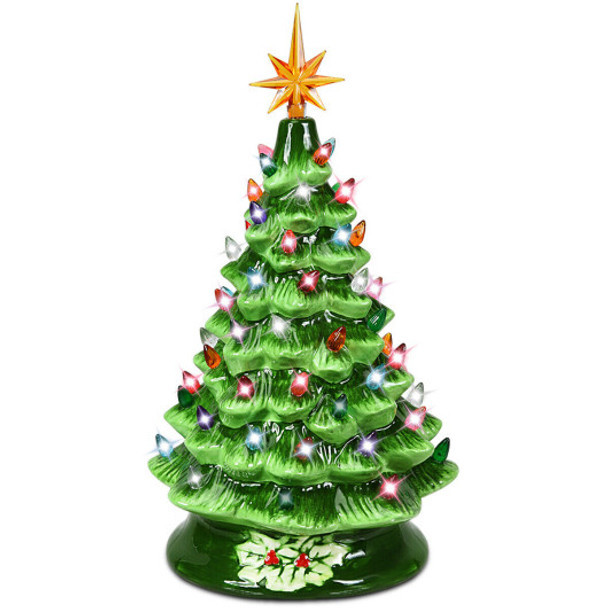 15 Inch Pre-Lit Hand-Painted Ceramic Christmas Tree-Green