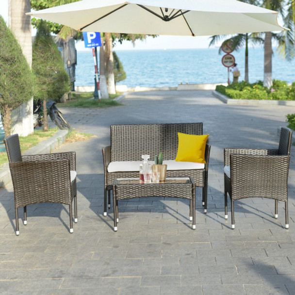 4 pcs Patio Rattan Wicker Furniture Set Cushioned Chair