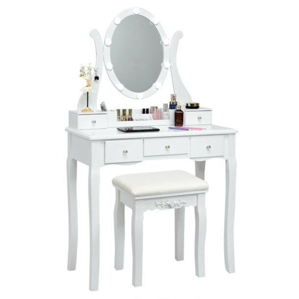 10 Dimmable Lights Vanity Table Set with Lighted Mirror and Cushioned Stool-White