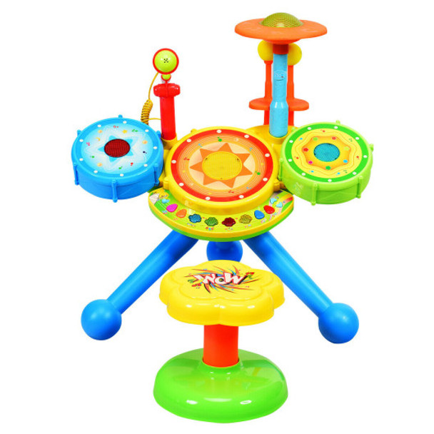 Kids Electric Jazz Drum Set with Stool Microphone and LED Light