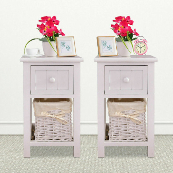 Set of 2 Mini Night Stand 2 Layer 1 Drawer End Table Organizer Wood