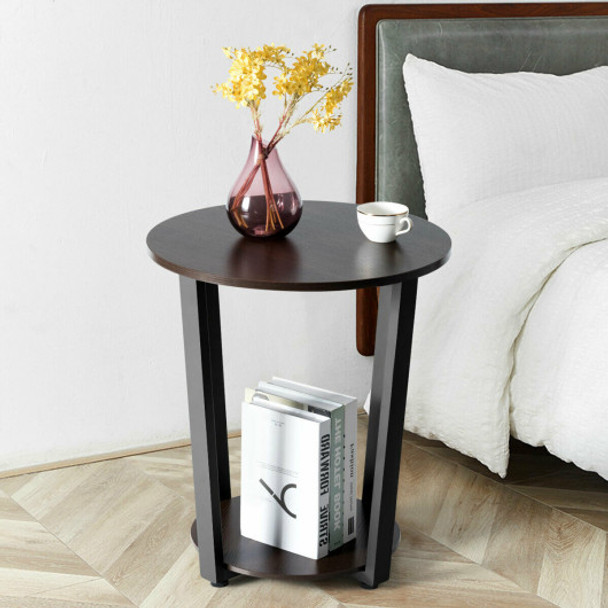 2-tier Round End Table with Storage Shelf & Metal Frame-Walnut