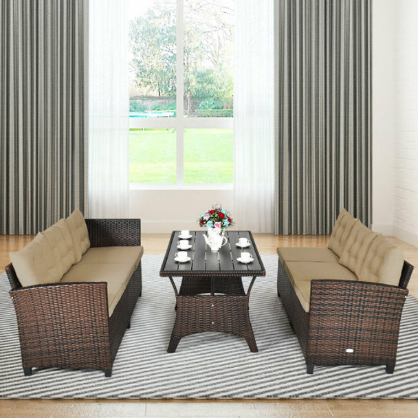 3 Pcs 6 Seats Rattan Dining Set Patio Furniture Sofa with Cushions