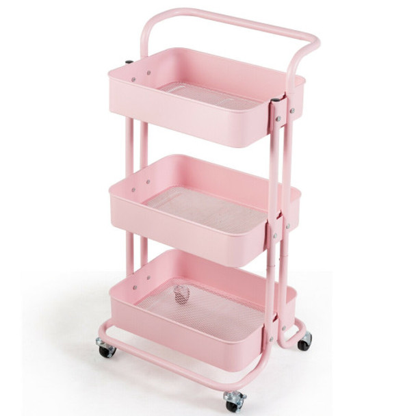 3-Tier Metal Rolling Storage Cart Trolley 2 Brakes with Handle-Pink