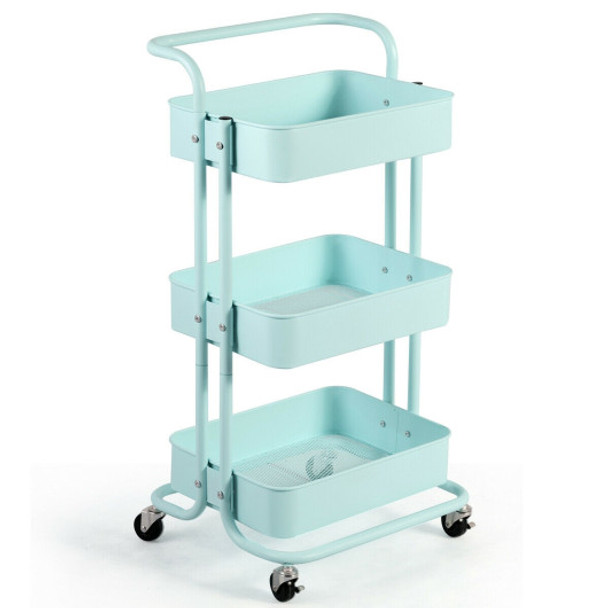 3-Tier Metal Rolling Storage Cart Trolley 2 Brakes with Handle-Green