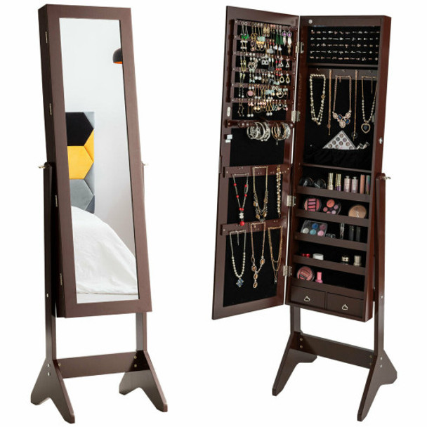 LEDs Lockable Jewelry Cabinet with Full-Length Mirror-Coffee