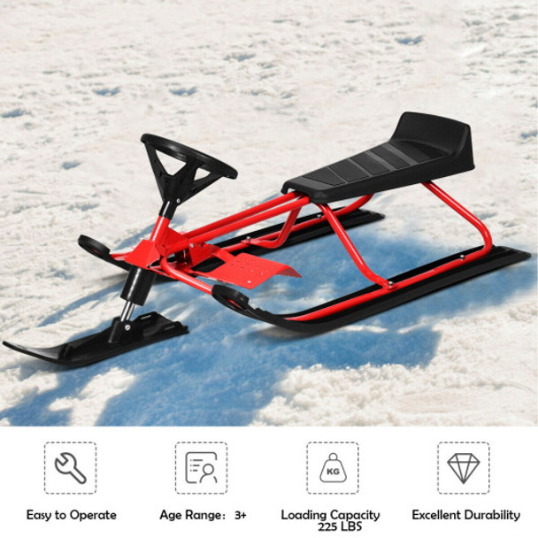 Snow Sled with Steering Wheel and Double Brakes Pull Rope Slider