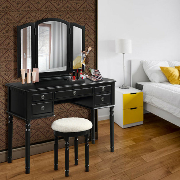 Tri-Fold Mirror Wooden Vanity Set Makeup Dressing Table with Stool and 5 Drawers-Black