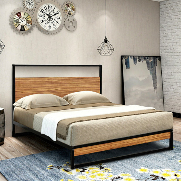 Twin Size Metal Frame Bed Platform Wooden Slat Support with Headboard