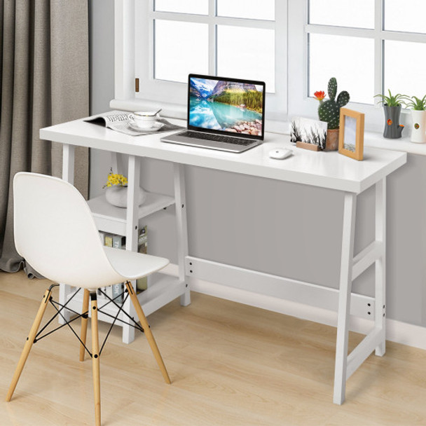 Trestle Computer Desk Home Office Workstation with Removable Shelves-White