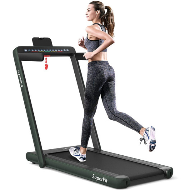 2-in-1 Electric Motorized Health and Fitness Folding Treadmill with Dual Display and Speaker-Green