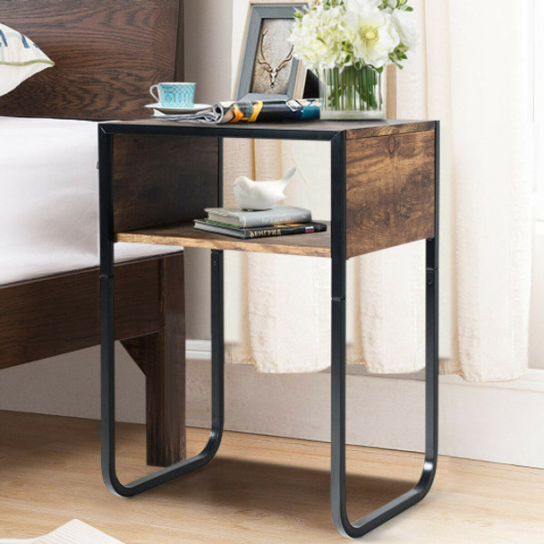 Industrial Coffee Nightstand Side Table with Metal Rustic Frame