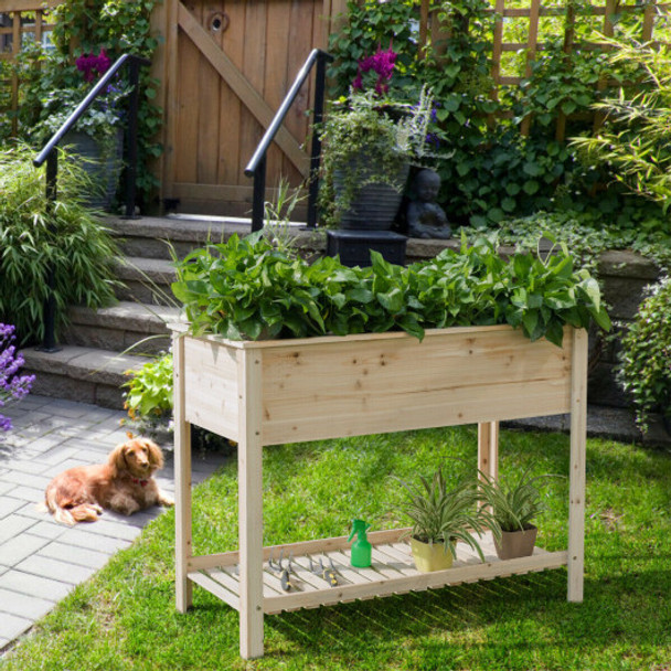 Elevated Wood Planter Box Stand with Storage Shelf