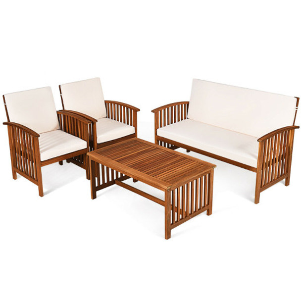 4 Pieces Patio Solid Wood Furniture Set-Beige