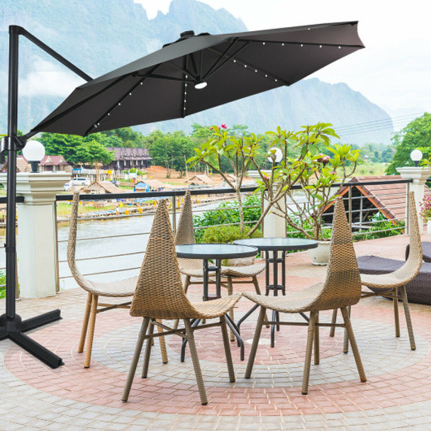 10 Ft Patio Offset Cantilever Umbrella with Solar Lights-Gray