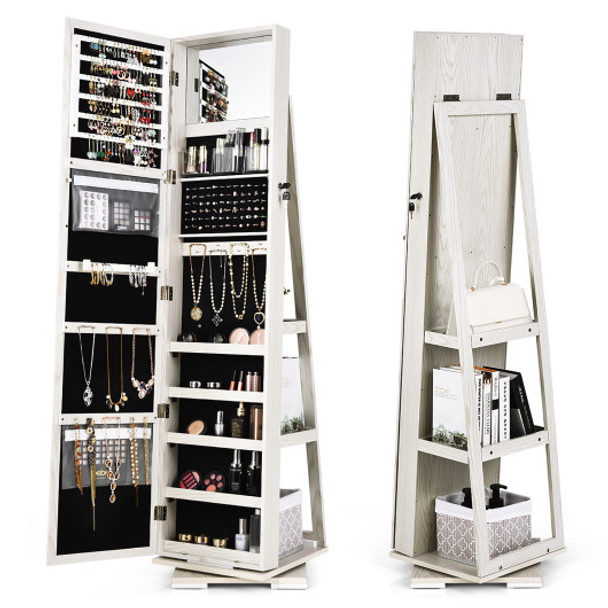 360° Rotatable Armoire 2-in-1 Lockable Mirrored Jewelry Cabinet-White