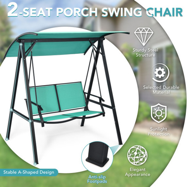 Outdoor Porch Steel Hanging 2-Seat Swing Loveseat with Canopy-Turquoise