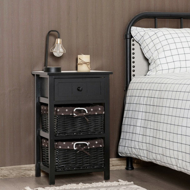 Set of 2 3 Layer 1 Drawer Wood Bedside End Table-Black