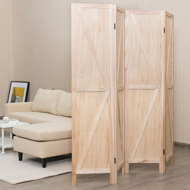 4 Panels Folding Wooden Room Divider-Natural