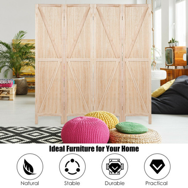 4 Panels Folding Wooden Room Divider-Natural