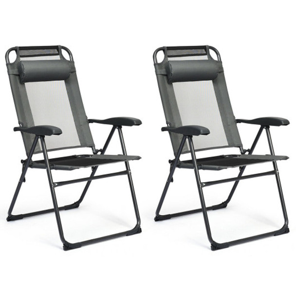 2 Pieces Patio Adjustable Folding Recliner Chairs with 7 Level Adjustable Backrest-Gray