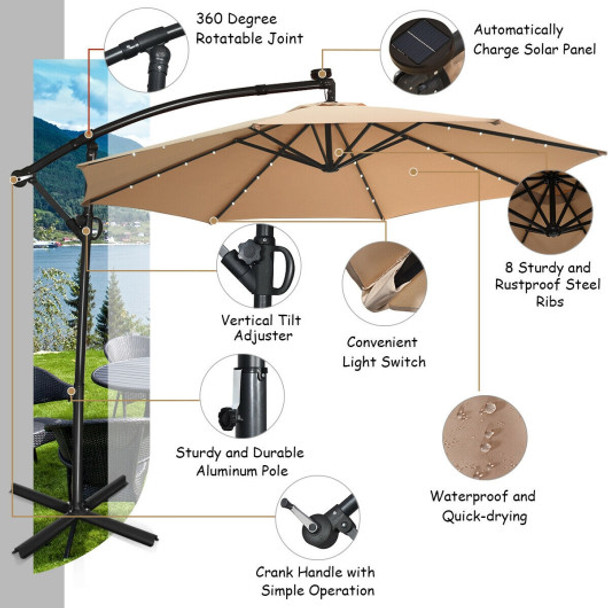 10 ft 360° Rotation Solar Powered LED Patio Offset Umbrella without Weight Base-Beige