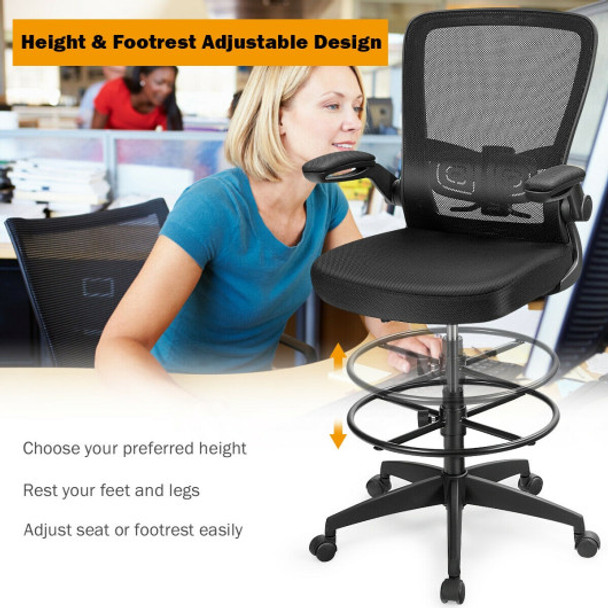 Height Adjustable Drafting Chair with Lumbar Support and Flip Up Arms