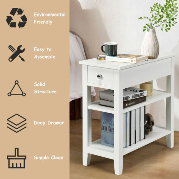 3-Tier Nightstand Bedside Table Sofa Side with Double Shelves Drawer-White