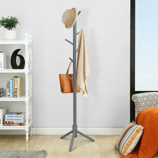 2 Heights Wooden Coat Rack with 8 Hooks-Gray
