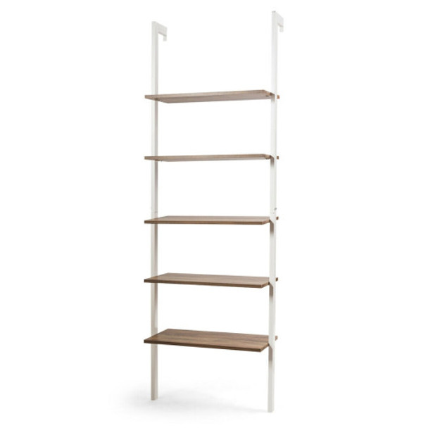 5-Tier Wood Look Ladder Shelf with Metal Frame for Home-White