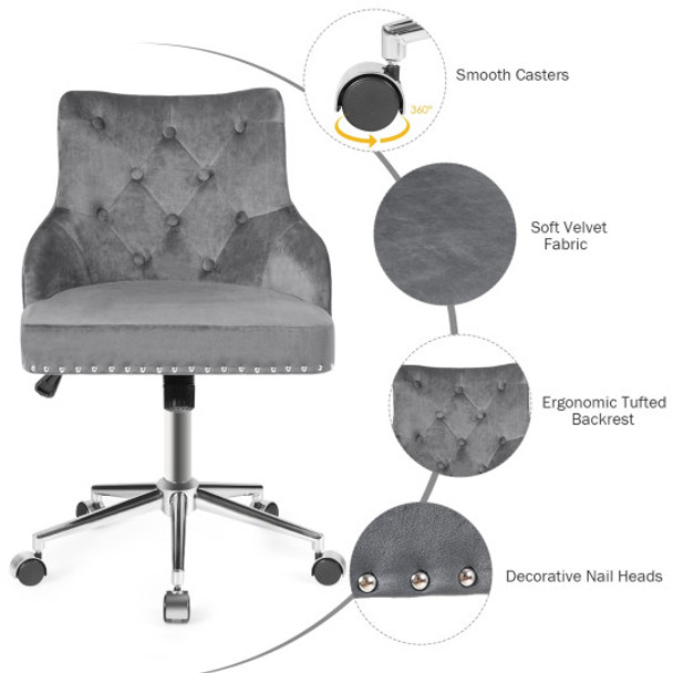 Tufted Upholstered Swivel Computer Desk Chair with Nailed Tri-Gray