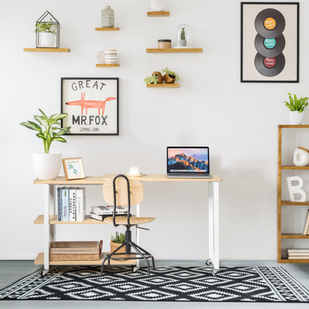 360° Rotating Sofa Side Table with Storage Shelves and Wheels-Natural