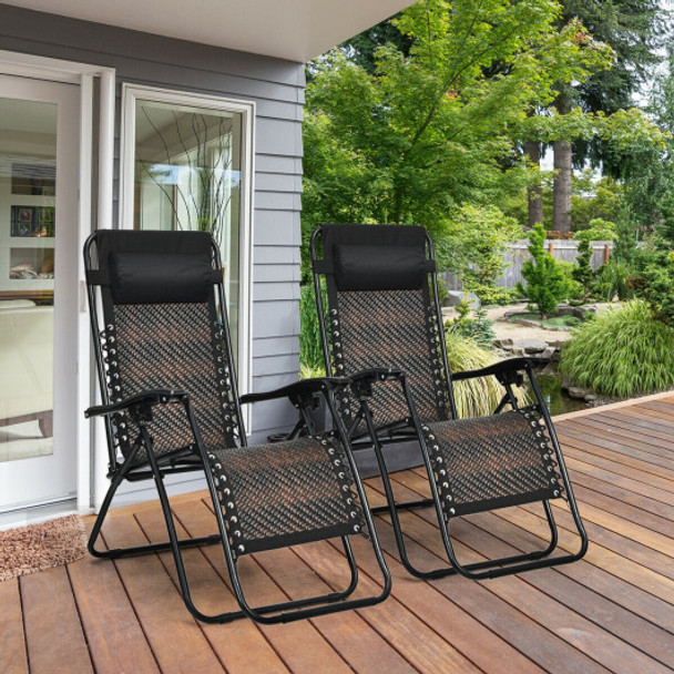 2 Pieces Folding Patio Rattan Zero Gravity Lounge Chair-Brown