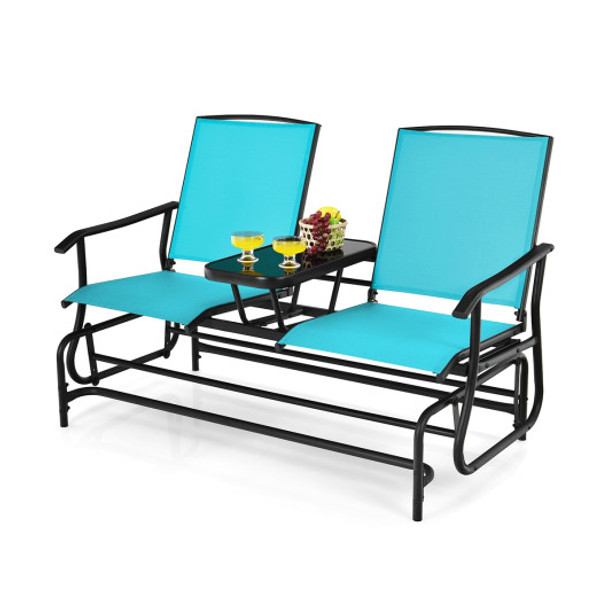 2-Person Double Rocking Loveseat with Mesh Fabric and Center Tempered Glass Table-Turquoise