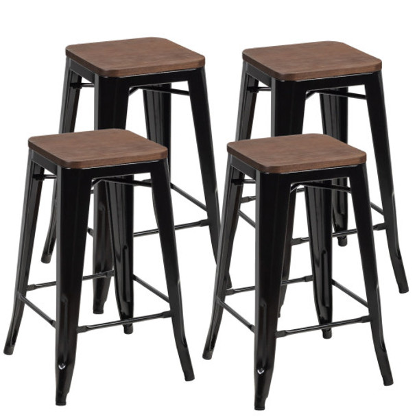 Set of 4 Counter Height Backless Barstool with Wood Seat-Black