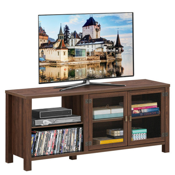 Wooden TV Stand with 2 Metal Mesh Doors -Walnut