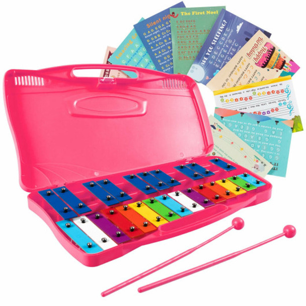 25 Notes Kids Glockenspiel Chromatic Metal Xylophone-Pink