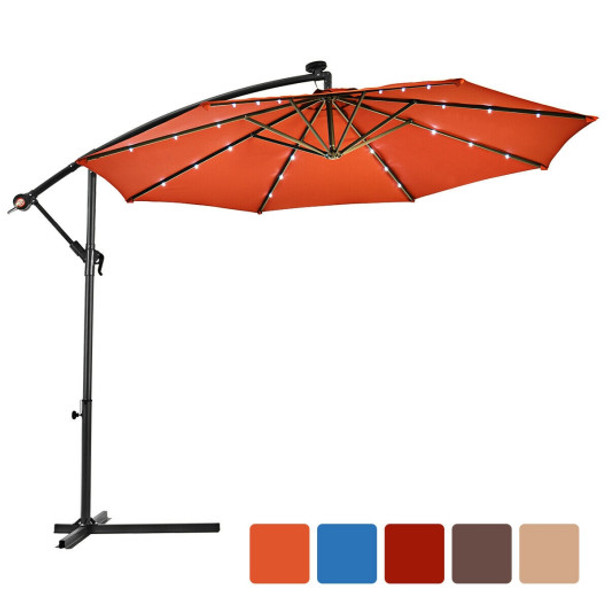 10" Patio Hanging Solar LED Umbrella Sun Shade with Cross Base-Orange