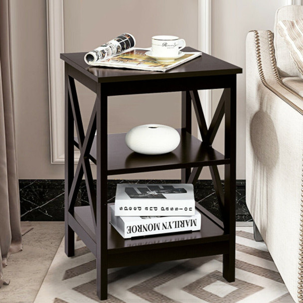 3-Tier Nightstand End Table with X Design Storage -Espresso