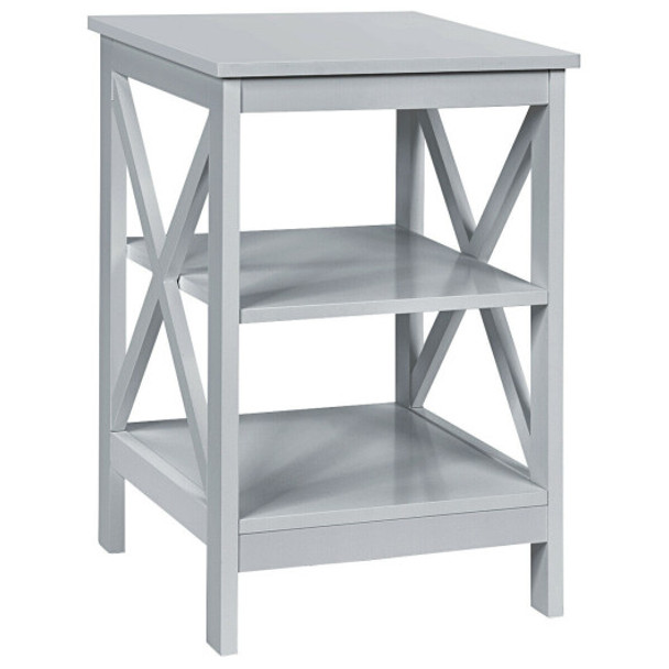 3-Tier Nightstand End Table with X Design Storage -Gray