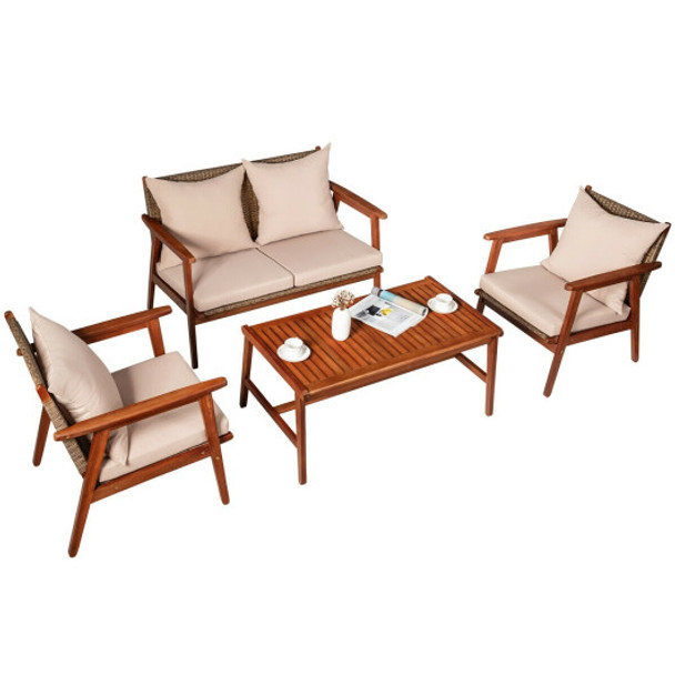 4 Piece Acacia Wood Patio Rattan Furniture Set