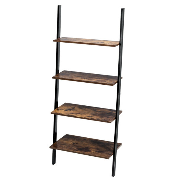 Multipurpose 4-Tier Industrial Leaning Wall Bookcase with Metal Frame-Brown