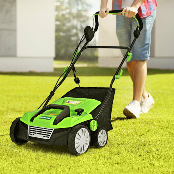 13 Amp Corded Scarifier 15 Inch Electric Lawn Dethatcher with Dual Safety Switch-Green