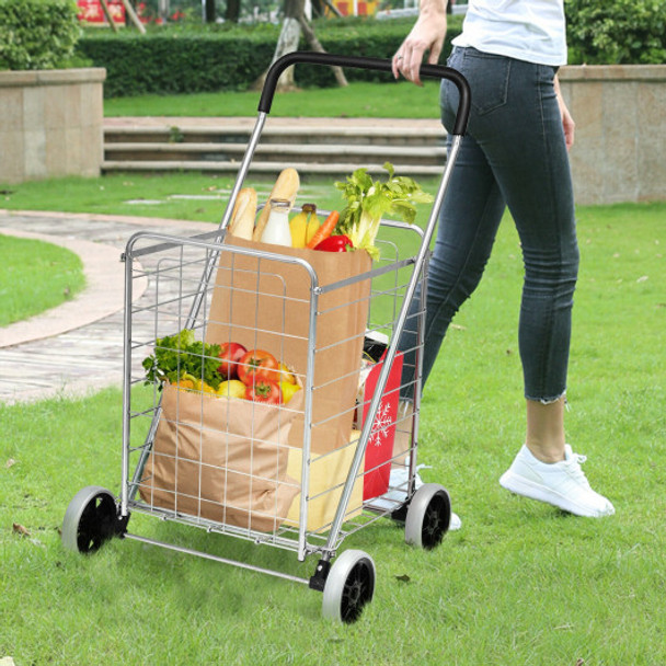 Portable Folding Shopping Cart Utility for Grocery Laundry-Silver