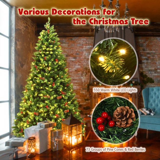 7.5 Feet Pre-lit Hinged Christmas Tree with 550 LED Lights and Sturdy Metal Stand